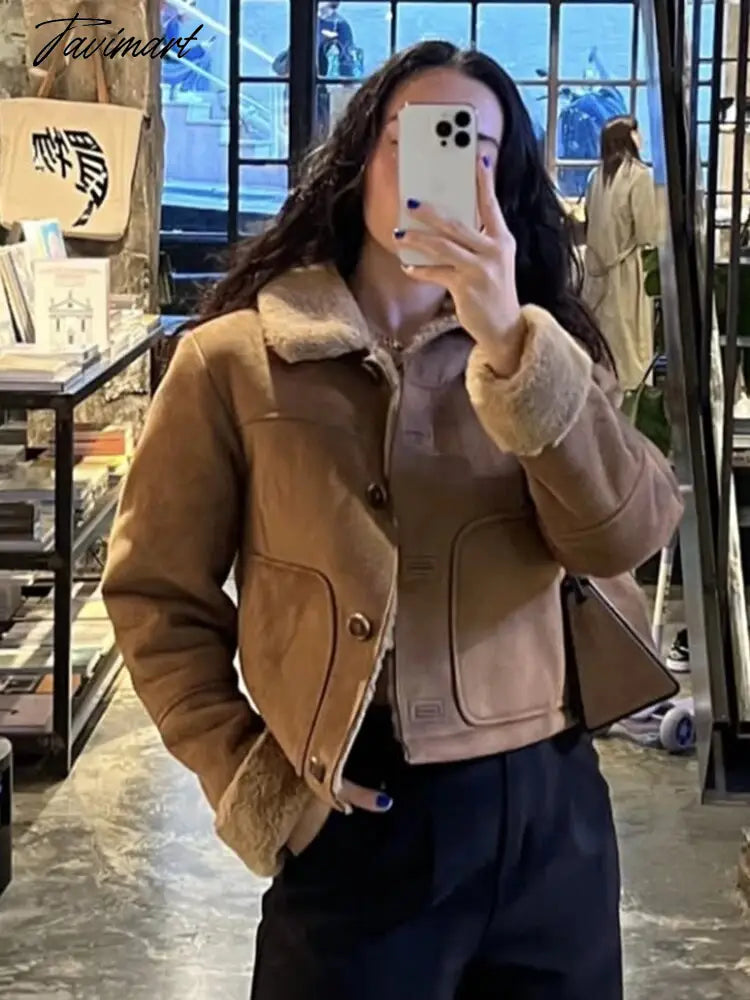 Tavimart Faux Suede Jacket Coat Female Turn Down Collar With Pocket Button-up Warm Winter Jackets For Women Vintage Fashion Women's Coats