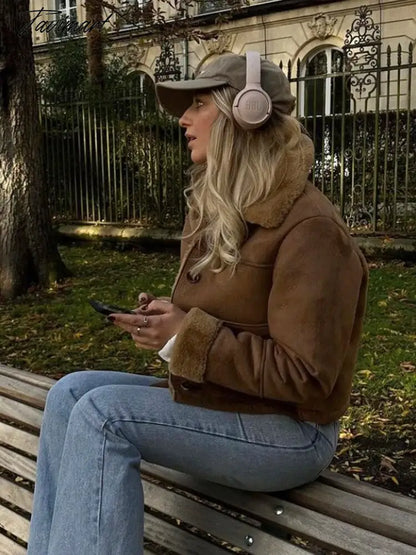 Tavimart Faux Suede Jacket Coat Female Turn Down Collar With Pocket Button-up Warm Winter Jackets For Women Vintage Fashion Women's Coats