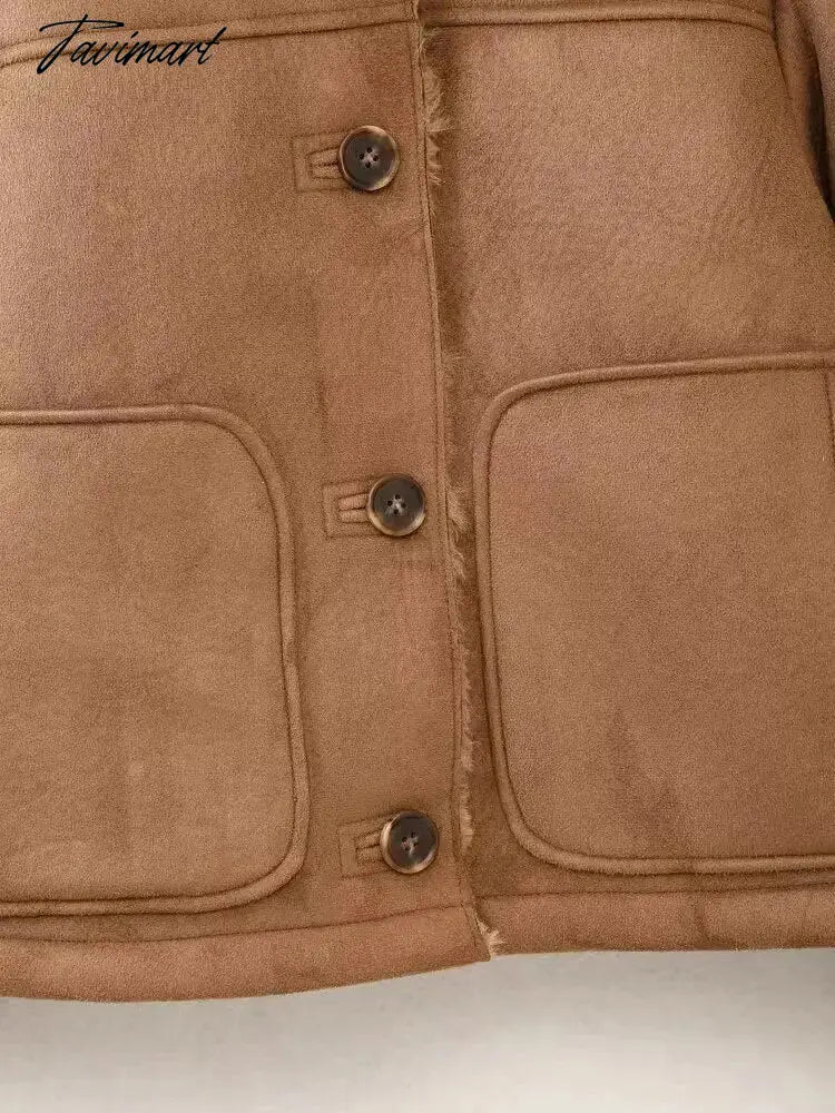 Tavimart Faux Suede Jacket Coat Female Turn Down Collar With Pocket Button-up Warm Winter Jackets For Women Vintage Fashion Women's Coats