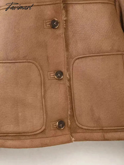 Tavimart Faux Suede Jacket Coat Female Turn Down Collar With Pocket Button-up Warm Winter Jackets For Women Vintage Fashion Women's Coats
