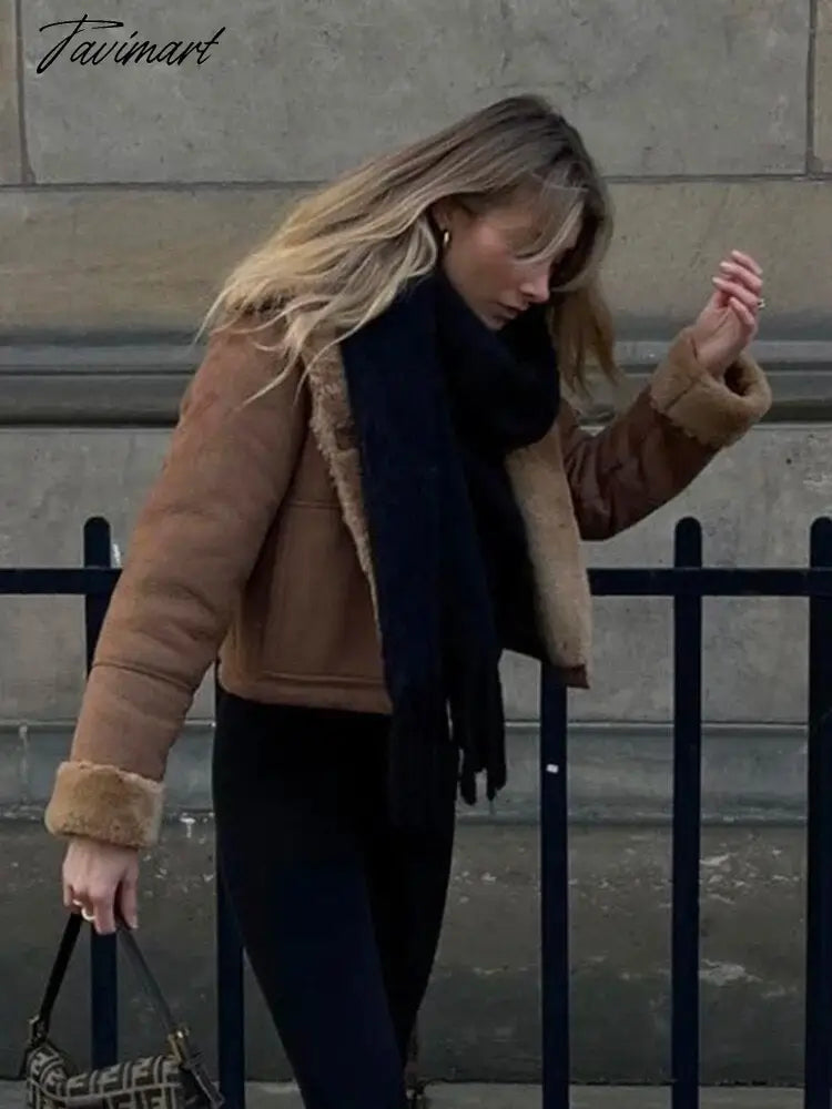 Tavimart Faux Suede Jacket Coat Female Turn Down Collar With Pocket Button-up Warm Winter Jackets For Women Vintage Fashion Women's Coats