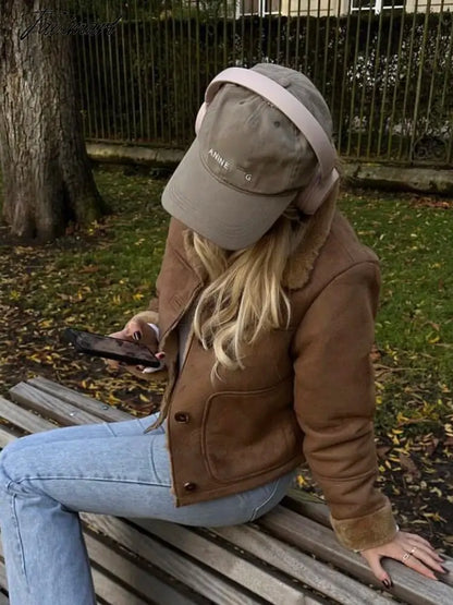 Tavimart Faux Suede Jacket Coat Female Turn Down Collar With Pocket Button-up Warm Winter Jackets For Women Vintage Fashion Women's Coats