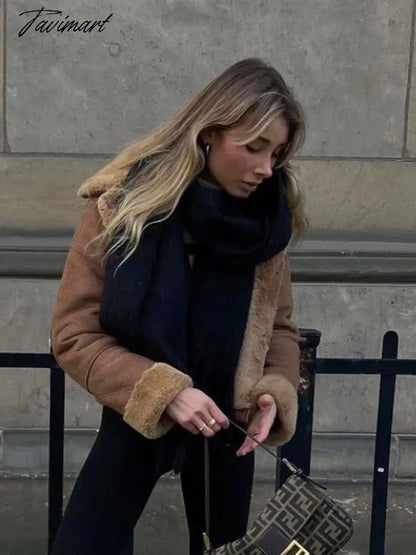 Tavimart Faux Suede Jacket Coat Female Turn Down Collar With Pocket Button-up Warm Winter Jackets For Women Vintage Fashion Women's Coats