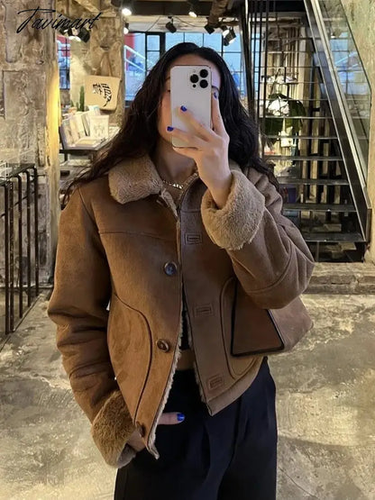 Tavimart Faux Suede Jacket Coat Female Turn Down Collar With Pocket Button-up Warm Winter Jackets For Women Vintage Fashion Women's Coats