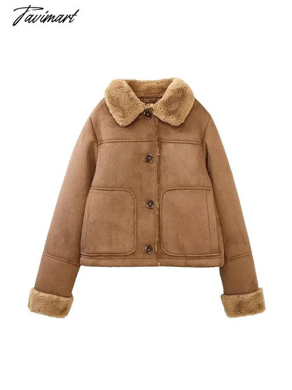 Tavimart Faux Suede Jacket Coat Female Turn Down Collar With Pocket Button-up Warm Winter Jackets For Women Vintage Fashion Women's Coats