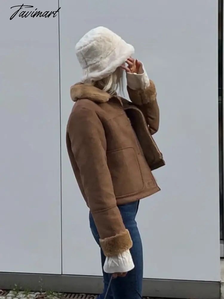 Tavimart Faux Suede Jacket Coat Female Turn Down Collar With Pocket Button-up Warm Winter Jackets For Women Vintage Fashion Women's Coats