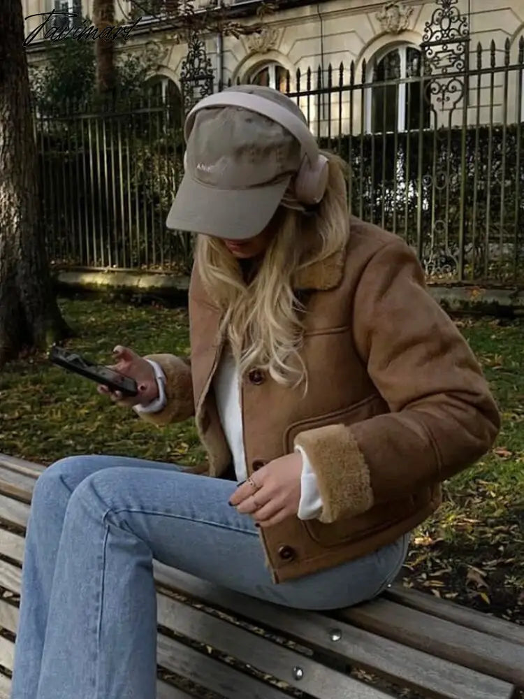 Tavimart Faux Suede Jacket Coat Female Turn Down Collar With Pocket Button-up Warm Winter Jackets For Women Vintage Fashion Women's Coats