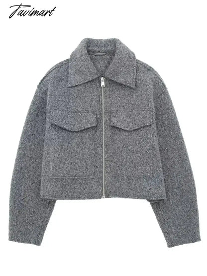 Tavimart Gray Jacket Women Fashion Cropped Coats Autumn Elegant Lapel Zipper Jackets Ladies Casual Wool Blend Outerwear Female Chaquetas