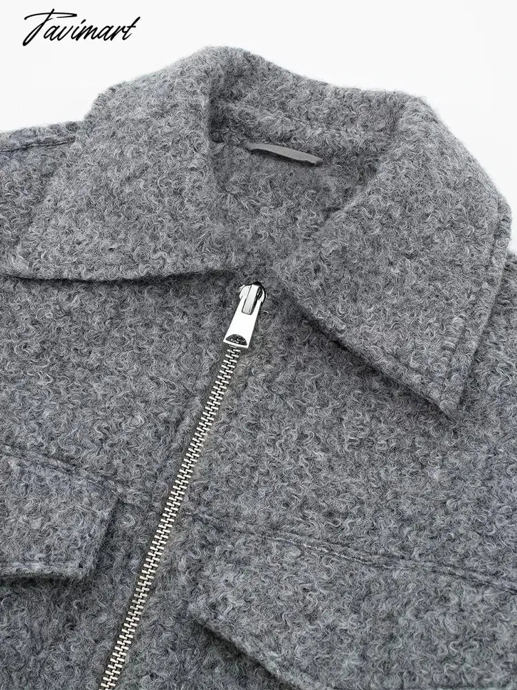 Tavimart Gray Jacket Women Fashion Cropped Coats Autumn Elegant Lapel Zipper Jackets Ladies Casual Wool Blend Outerwear Female Chaquetas