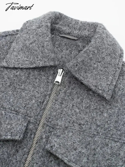 Tavimart Gray Jacket Women Fashion Cropped Coats Autumn Elegant Lapel Zipper Jackets Ladies Casual Wool Blend Outerwear Female Chaquetas