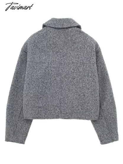 Tavimart Gray Jacket Women Fashion Cropped Coats Autumn Elegant Lapel Zipper Jackets Ladies Casual Wool Blend Outerwear Female Chaquetas