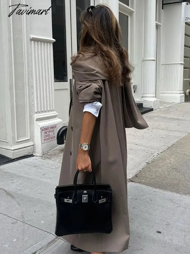 Grey Lapel Double Breasted Women Long Overcoat Long Sleeve Pocket With Scarf Loose Windbreaker Autumn Chic Lady Streetwear