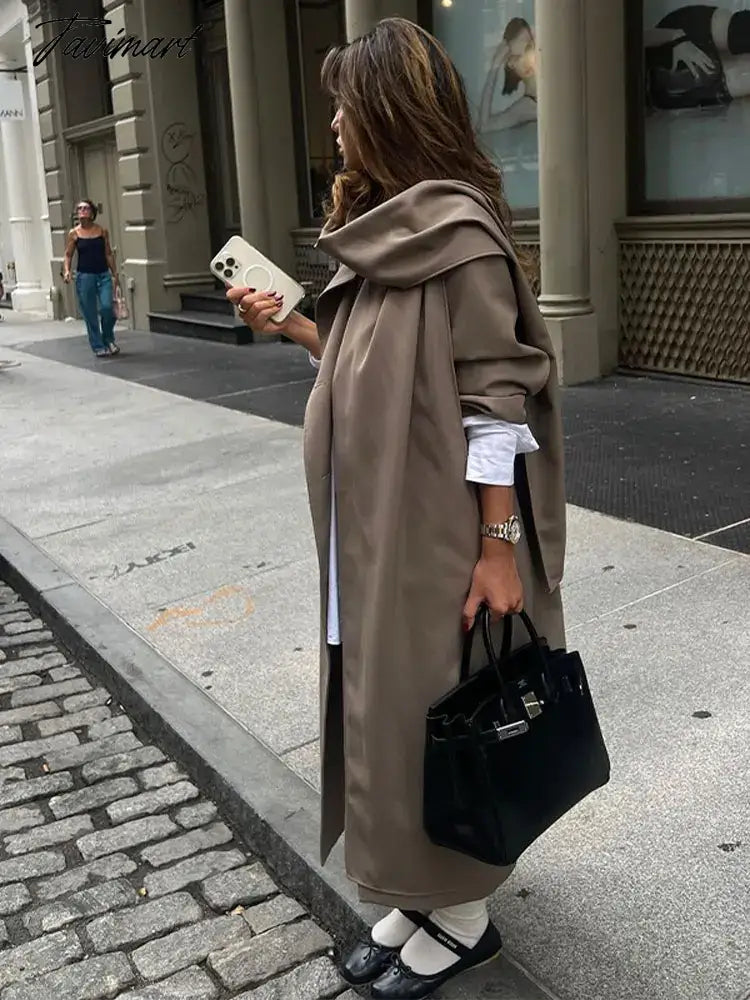 Grey Lapel Double Breasted Women Long Overcoat Long Sleeve Pocket With Scarf Loose Windbreaker Autumn Chic Lady Streetwear