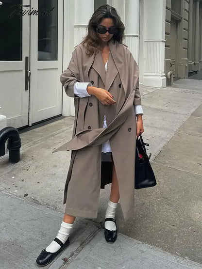Grey Lapel Double Breasted Women Long Overcoat Long Sleeve Pocket With Scarf Loose Windbreaker Autumn Chic Lady Streetwear