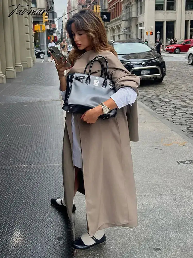 Grey Lapel Double Breasted Women Long Overcoat Long Sleeve Pocket With Scarf Loose Windbreaker Autumn Chic Lady Streetwear