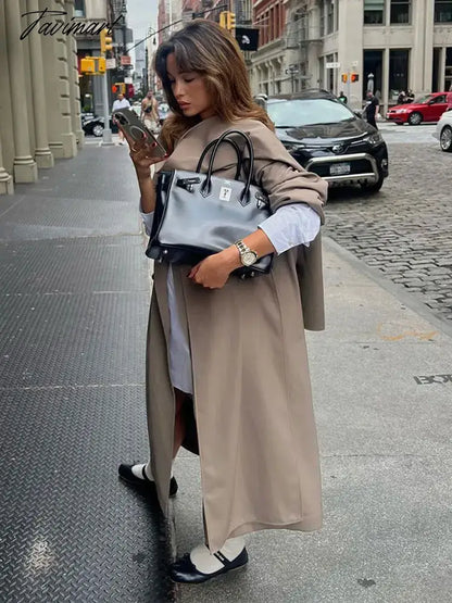 Grey Lapel Double Breasted Women Long Overcoat Long Sleeve Pocket With Scarf Loose Windbreaker Autumn Chic Lady Streetwear