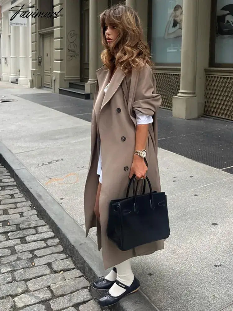 Grey Lapel Double Breasted Women Long Overcoat Long Sleeve Pocket With Scarf Loose Windbreaker Autumn Chic Lady Streetwear