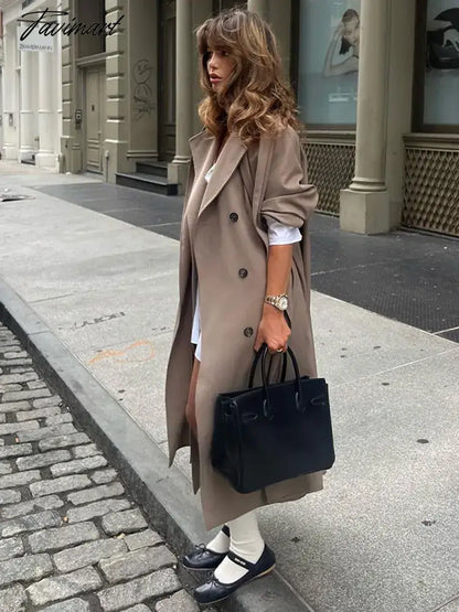 Grey Lapel Double Breasted Women Long Overcoat Long Sleeve Pocket With Scarf Loose Windbreaker Autumn Chic Lady Streetwear