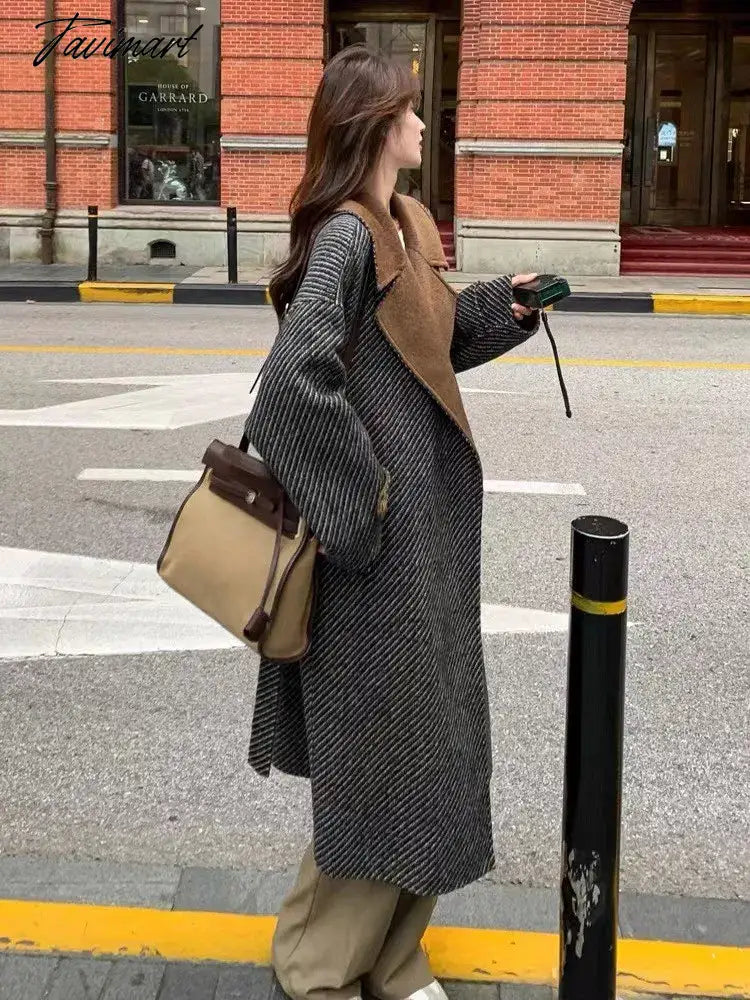 Tavimart Korean Fashion Contrast Collar Lapel Woolen Coats for Women Autumn Winter New High-end Thicken Warm Wool Jackets Female Clothing
