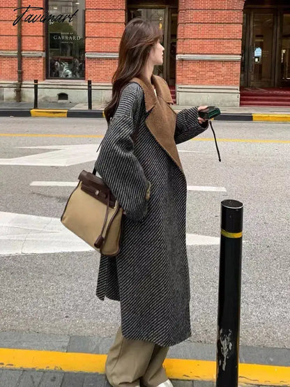 Tavimart Korean Fashion Contrast Collar Lapel Woolen Coats for Women Autumn Winter New High-end Thicken Warm Wool Jackets Female Clothing