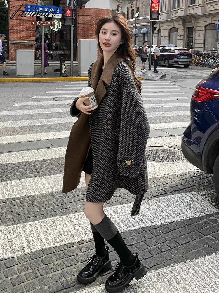 Tavimart Korean Fashion Contrast Collar Lapel Woolen Coats for Women Autumn Winter New High-end Thicken Warm Wool Jackets Female Clothing
