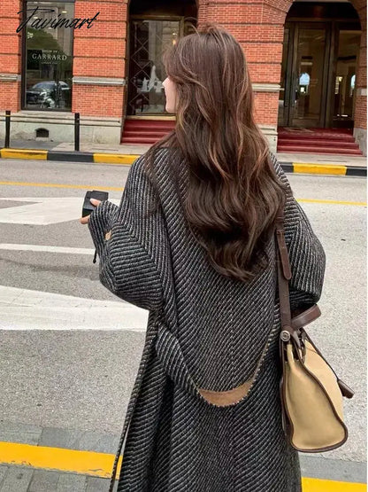 Tavimart Korean Fashion Contrast Collar Lapel Woolen Coats for Women Autumn Winter New High-end Thicken Warm Wool Jackets Female Clothing