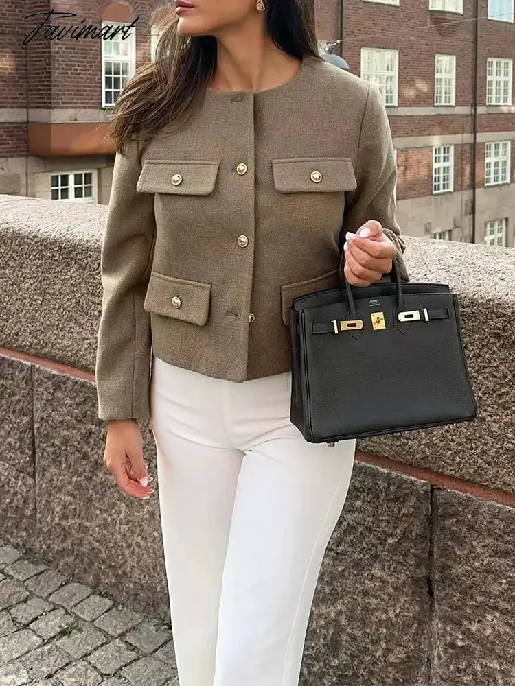 Tavimart Ladies Fashion Single Golden Breasted Khaki Short Jackets Outwear Autumn Winter Girls Casual O-Neck Long Sleeve Loose Jacket