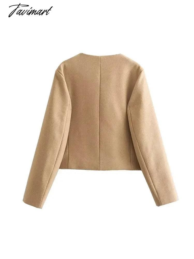 Tavimart Ladies Fashion Single Golden Breasted Khaki Short Jackets Outwear Autumn Winter Girls Casual O-Neck Long Sleeve Loose Jacket
