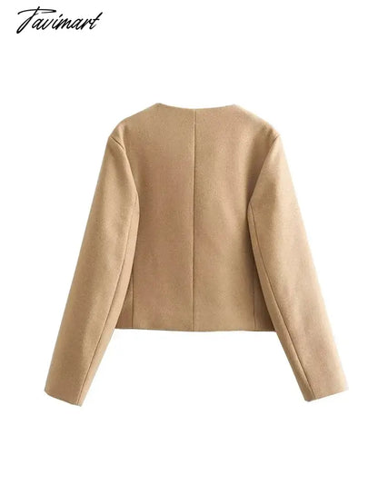 Tavimart Ladies Fashion Single Golden Breasted Khaki Short Jackets Outwear Autumn Winter Girls Casual O-Neck Long Sleeve Loose Jacket