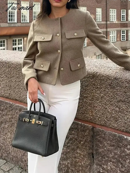 Tavimart Ladies Fashion Single Golden Breasted Khaki Short Jackets Outwear Autumn Winter Girls Casual O-Neck Long Sleeve Loose Jacket