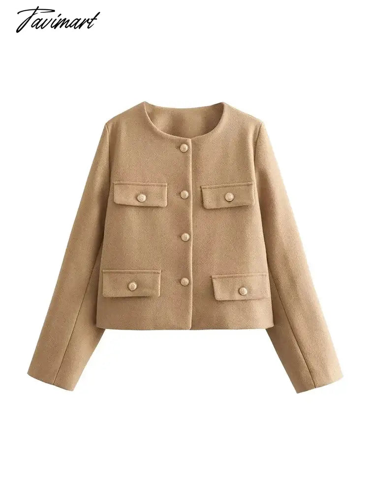 Tavimart Ladies Fashion Single Golden Breasted Khaki Short Jackets Outwear Autumn Winter Girls Casual O-Neck Long Sleeve Loose Jacket