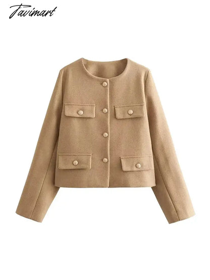 Tavimart Ladies Fashion Single Golden Breasted Khaki Short Jackets Outwear Autumn Winter Girls Casual O-Neck Long Sleeve Loose Jacket
