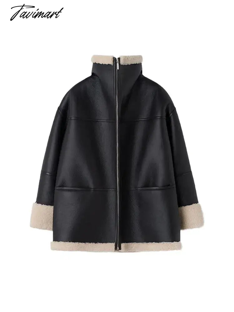 Tavimart Leather Faux Fur Patchwork Thick Women's Moto Coat Lapel Zipper Long Sleeve Pocket Warm Bike Jacket Autumn Chic Streetwears