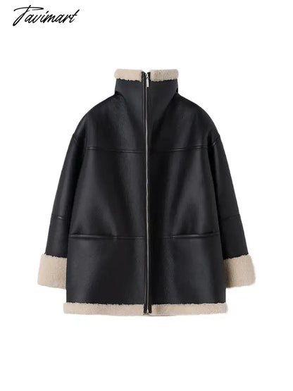 Tavimart Leather Faux Fur Patchwork Thick Women's Moto Coat Lapel Zipper Long Sleeve Pocket Warm Bike Jacket Autumn Chic Streetwears