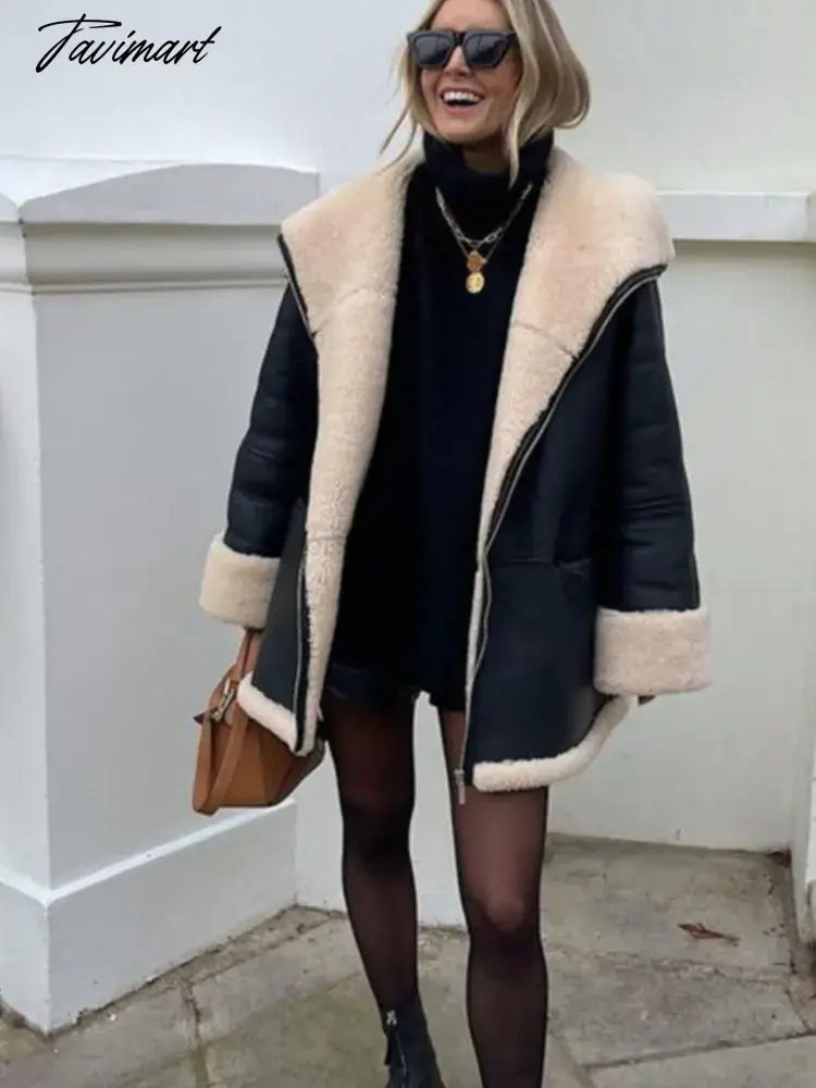 Tavimart Leather Faux Fur Patchwork Thick Women's Moto Coat Lapel Zipper Long Sleeve Pocket Warm Bike Jacket Autumn Chic Streetwears