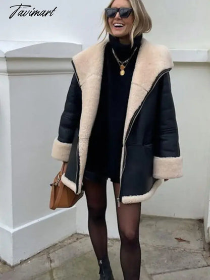 Tavimart Leather Faux Fur Patchwork Thick Women's Moto Coat Lapel Zipper Long Sleeve Pocket Warm Bike Jacket Autumn Chic Streetwears