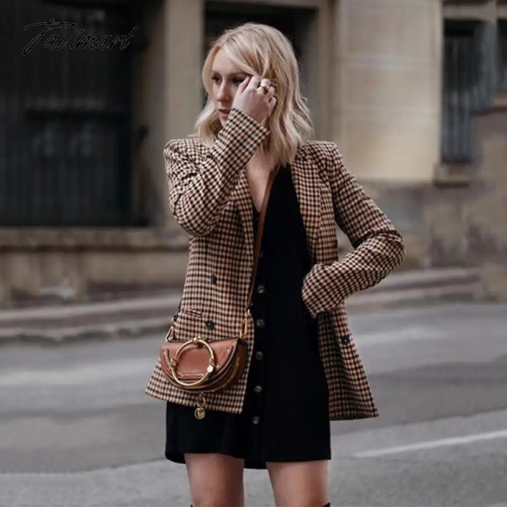 Tavimart Office Ladies Khaki Plaid Tweed Vintage Double Breasted Pockets Oversized Female Coat Za Clothes Outerwear Tops