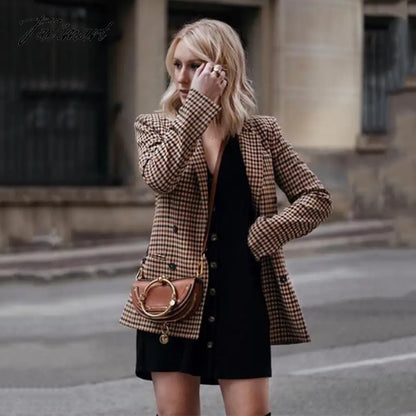 Tavimart Office Ladies Khaki Plaid Tweed Vintage Double Breasted Pockets Oversized Female Coat Za Clothes Outerwear Tops