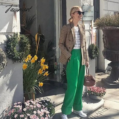 Tavimart Office Ladies Khaki Plaid Tweed Vintage Double Breasted Pockets Oversized Female Coat Za Clothes Outerwear Tops