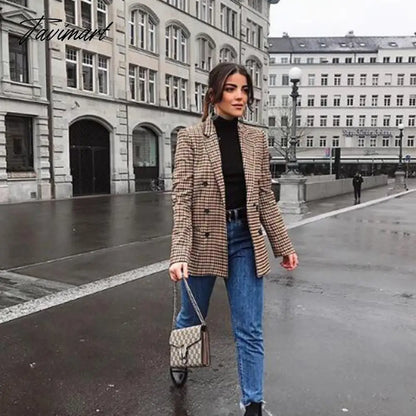Tavimart Office Ladies Khaki Plaid Tweed Vintage Double Breasted Pockets Oversized Female Coat Za Clothes Outerwear Tops