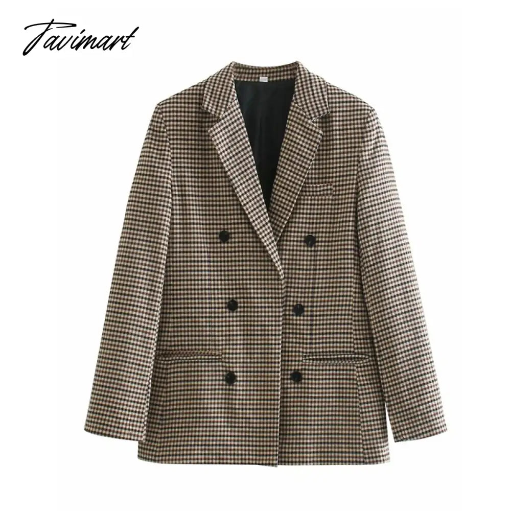 Tavimart Office Ladies Khaki Plaid Tweed Vintage Double Breasted Pockets Oversized Female Coat Za Clothes Outerwear Tops