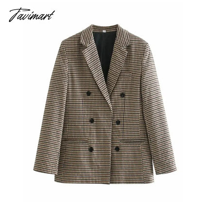 Tavimart Office Ladies Khaki Plaid Tweed Vintage Double Breasted Pockets Oversized Female Coat Za Clothes Outerwear Tops