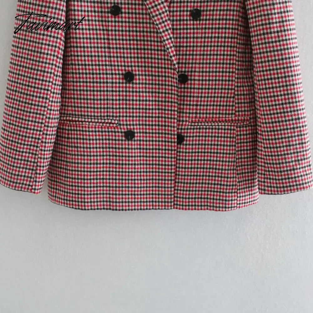 Tavimart Office Ladies Khaki Plaid Tweed Vintage Double Breasted Pockets Oversized Female Coat Za Clothes Outerwear Tops