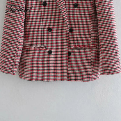 Tavimart Office Ladies Khaki Plaid Tweed Vintage Double Breasted Pockets Oversized Female Coat Za Clothes Outerwear Tops