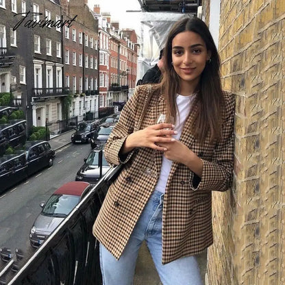 Tavimart Office Ladies Khaki Plaid Tweed Vintage Double Breasted Pockets Oversized Female Coat Za Clothes Outerwear Tops