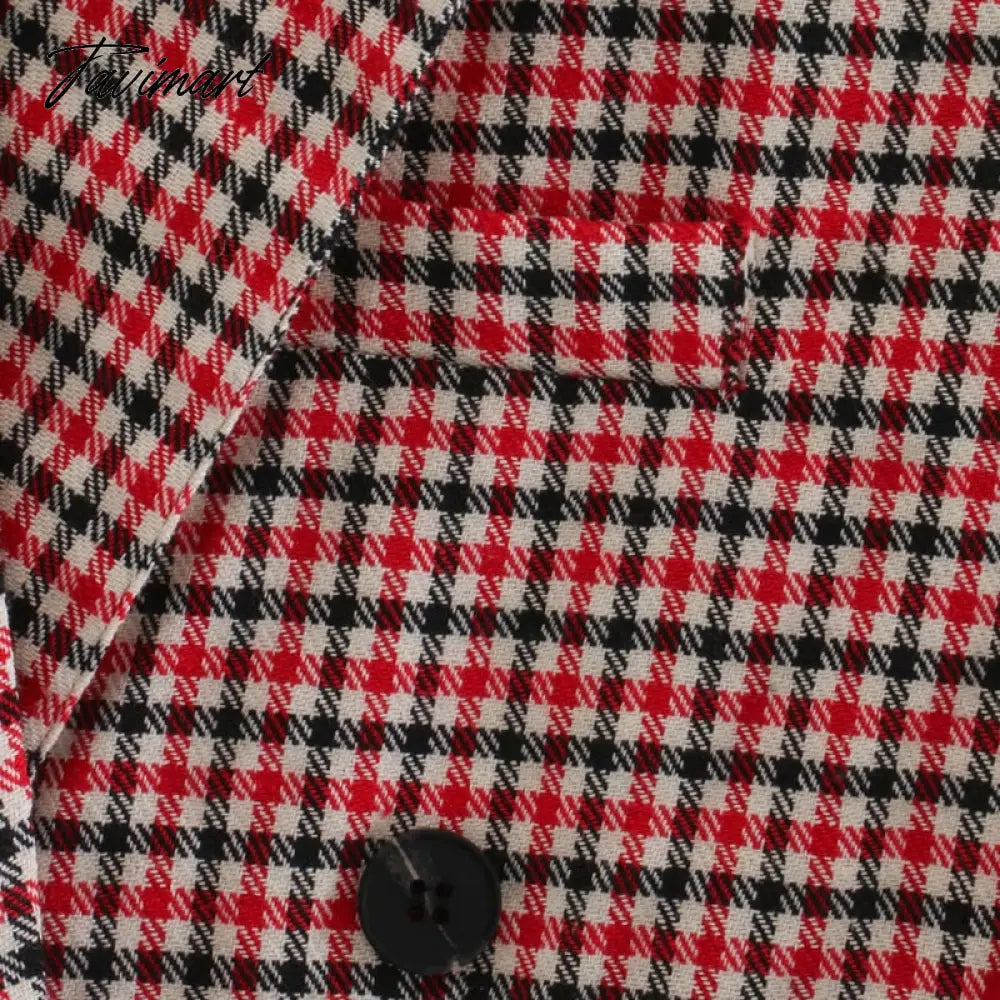 Tavimart Office Ladies Khaki Plaid Tweed Vintage Double Breasted Pockets Oversized Female Coat Za Clothes Outerwear Tops