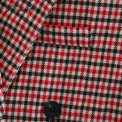 Tavimart Office Ladies Khaki Plaid Tweed Vintage Double Breasted Pockets Oversized Female Coat Za Clothes Outerwear Tops