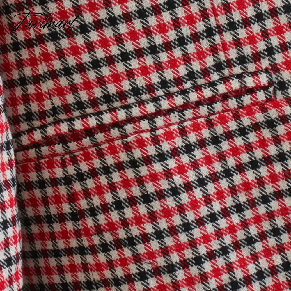 Tavimart Office Ladies Khaki Plaid Tweed Vintage Double Breasted Pockets Oversized Female Coat Za Clothes Outerwear Tops