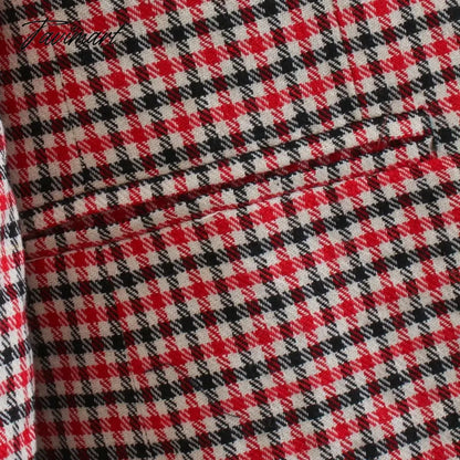 Tavimart Office Ladies Khaki Plaid Tweed Vintage Double Breasted Pockets Oversized Female Coat Za Clothes Outerwear Tops