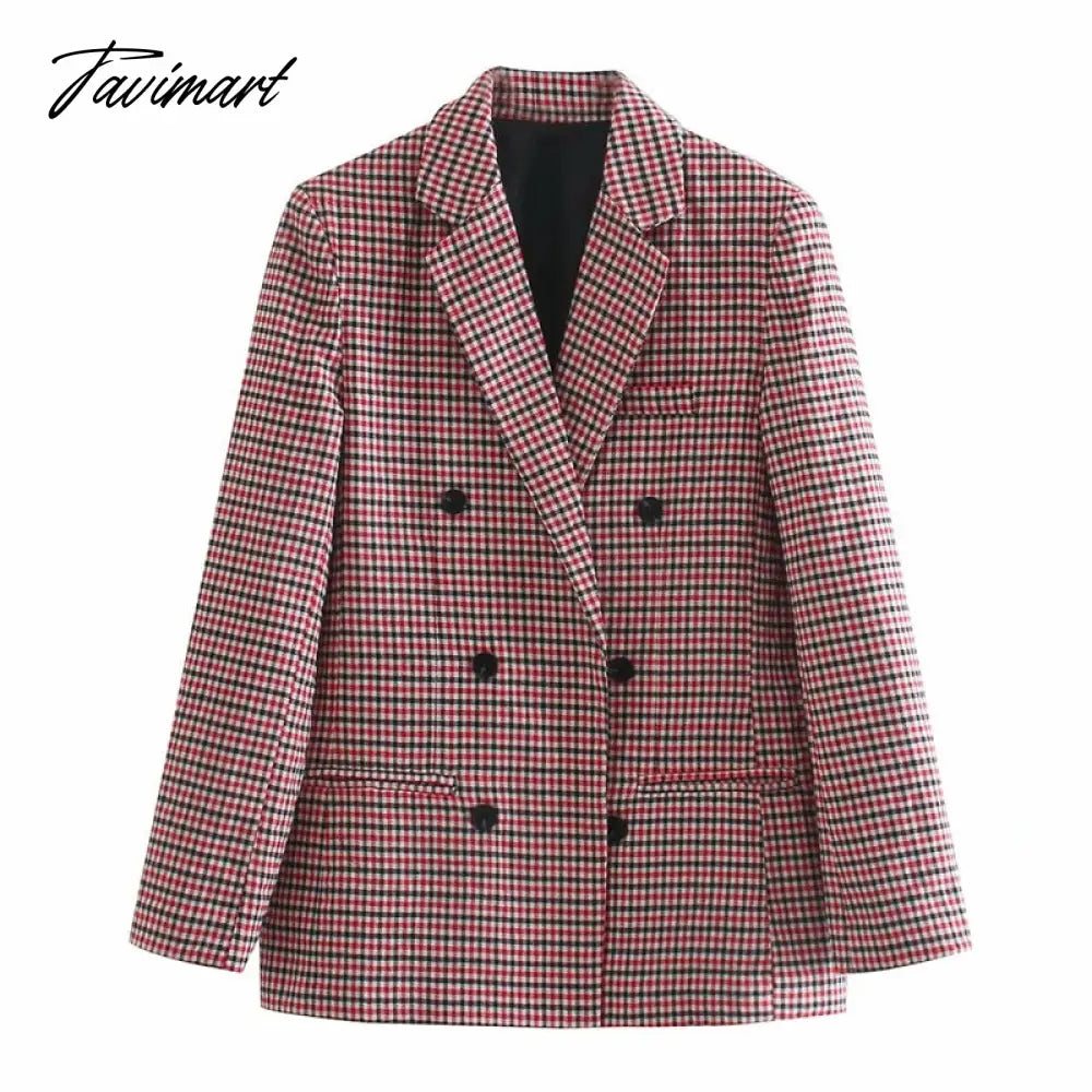 Tavimart Office Ladies Khaki Plaid Tweed Vintage Double Breasted Pockets Oversized Female Coat Za Clothes Outerwear Tops